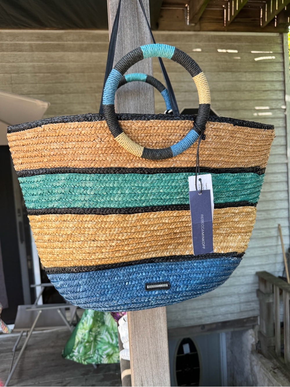 Rebecca Minkoff Multicolor Straw Tote with Blue, Teal and Tan Stripes